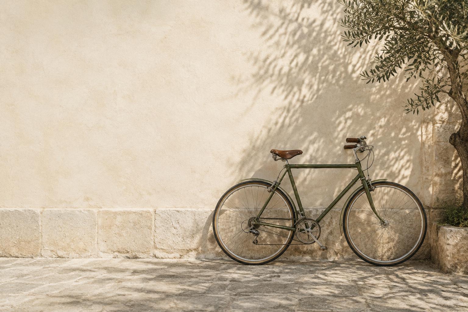 A vintage bicycle resting in a sunlit courtyard
